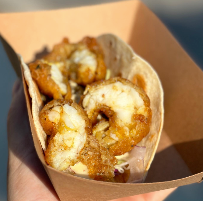 a battered lobster taco